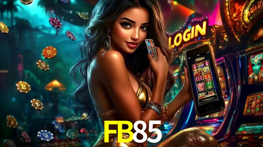 Mulher em um cenário de cassino temático de aventura, mostrando o app de caça-níqueis da FB85 no celular. Fichas de apostas flutuam ao redor.