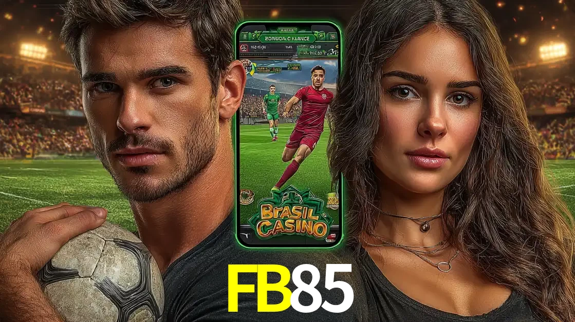 Homem segurando uma bola de futebol e uma mulher ao lado de um smartphone exibindo o jogo de apostas esportivas da FB85. Faça seu palpite no cassino online.
